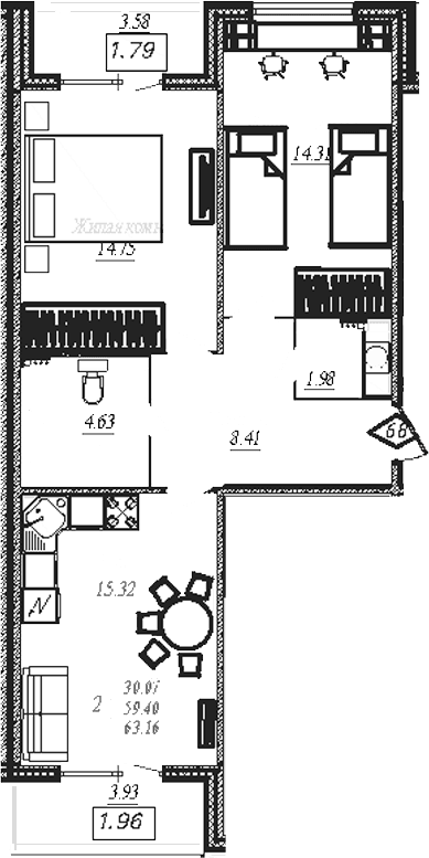 Планировка: 2-комнатная квартира 59,4 м² в ЖК «АРО»