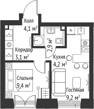 Планировка: Евродвушка 32,9 м² в ЖК «СЕТ»