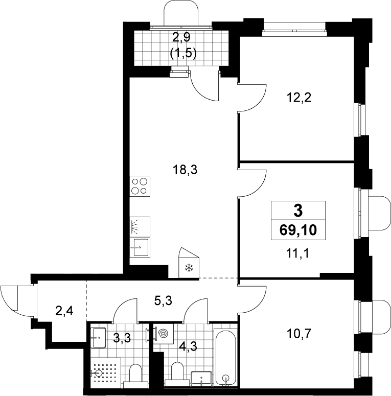 Планировка: Квартира евро-4 67,6 м² в ЖК «Прокшино»