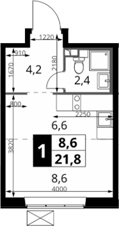 Планировка: Студия 21,8 м² в ЖК «1-й Южный»