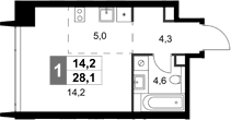 Планировка: Студия 28,1 м² в ЖК «Амбер Сити»