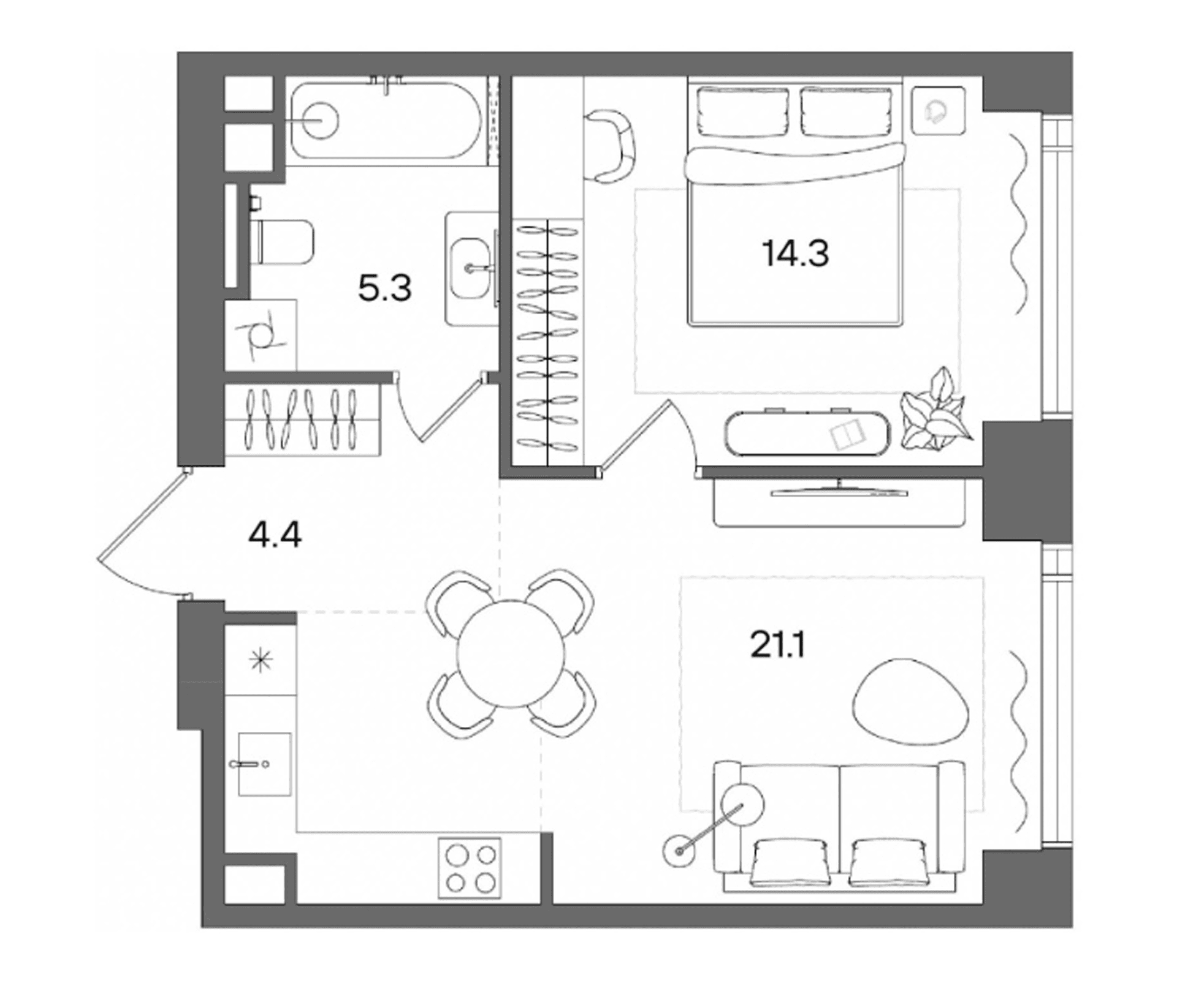 Планировка: Евродвушка 45,1 м² в ЖК «СТОУН Блик»