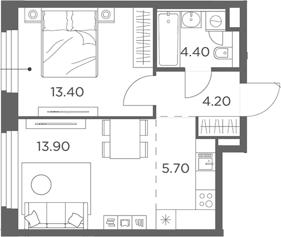 Планировка: Евродвушка 43,4 м² в ЖК «Белый Град»