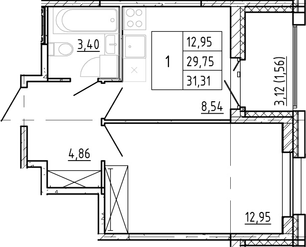Планировка: 1-комнатная квартира 29,5 м² в ЖК «Полис Новоселье»