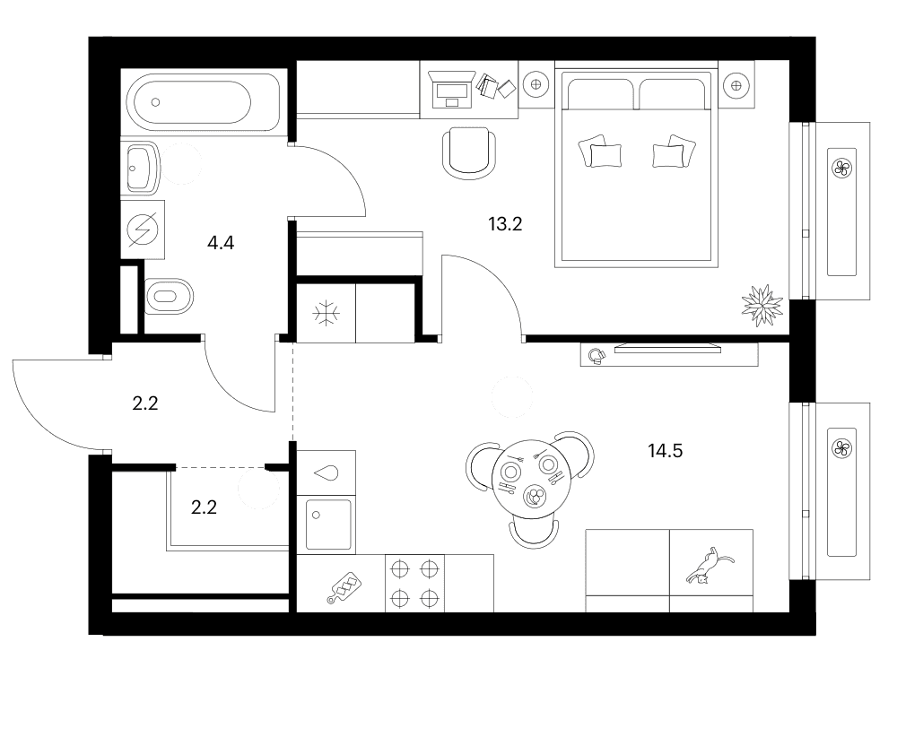 Планировка: 1-комнатная квартира 36,5 м² в ЖК «Зеленый парк»