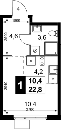 Планировка: Студия 22,8 м² в ЖК «1-й Химкинский»