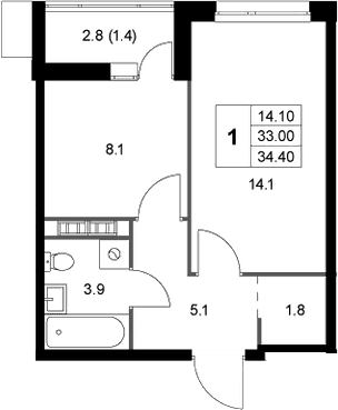 Планировка: 1-комнатная квартира 33 м² в ЖК «Легенда Коренево»