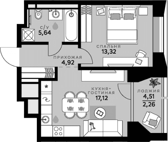 Планировка: Евродвушка 41 м² в ЖК «СберСити»