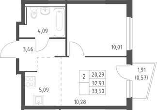 Планировка: Евродвушка 32,9 м² в ЖК «Егорово парк»