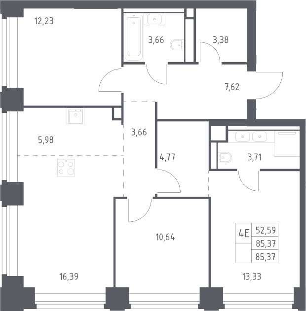 Планировка: Квартира евро-4 85,4 м² в ЖК «НОВА»