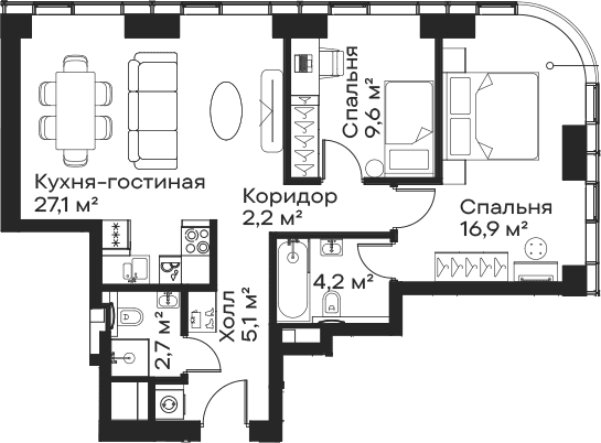 Планировка: Евротрёшка 67,8 м² в ЖК «Сити Бэй»
