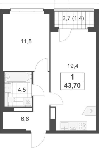Планировка: Евродвушка 42,3 м² в ЖК «Скандинавия»