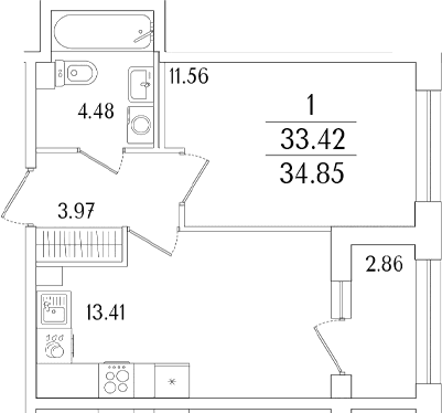 Планировка: Евродвушка 33,4 м² в ЖК «Аурум»