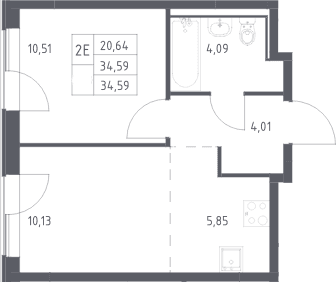 Планировка: Евродвушка 34,6 м² в ЖК «Прибрежный Парк»