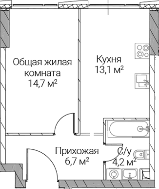 Планировка: 1-комнатная квартира 38,7 м² в ЖК «СЕЗАР СИЛИКА»
