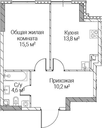 Планировка: 1-комнатная квартира 44,1 м² в ЖК «СЕЗАР СИЛИКА»