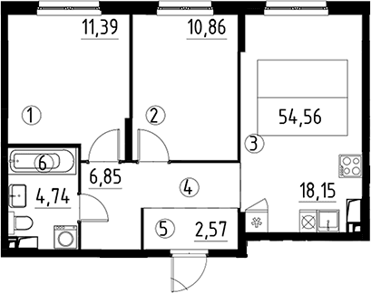 Планировка: Евротрёшка 54,6 м² в ЖК «А101 Лаголово»