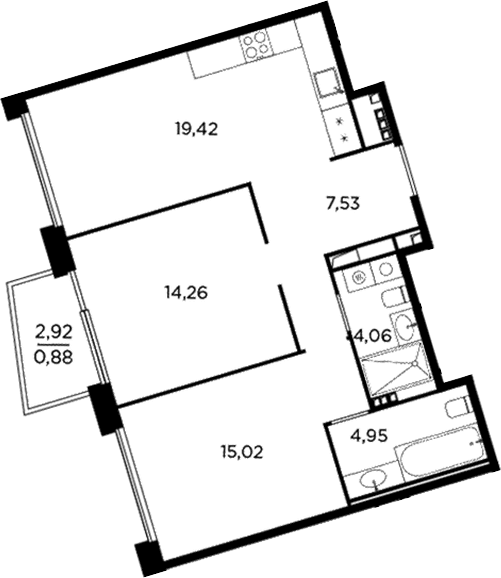 Планировка: Евротрёшка 65,2 м² в ЖК «Акватория»