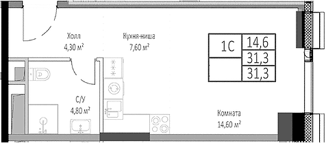 Планировка: Студия 31,3 м² в ЖК «Мираполис»
