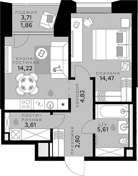 Планировка: Евродвушка 45,5 м² в ЖК «СберСити»