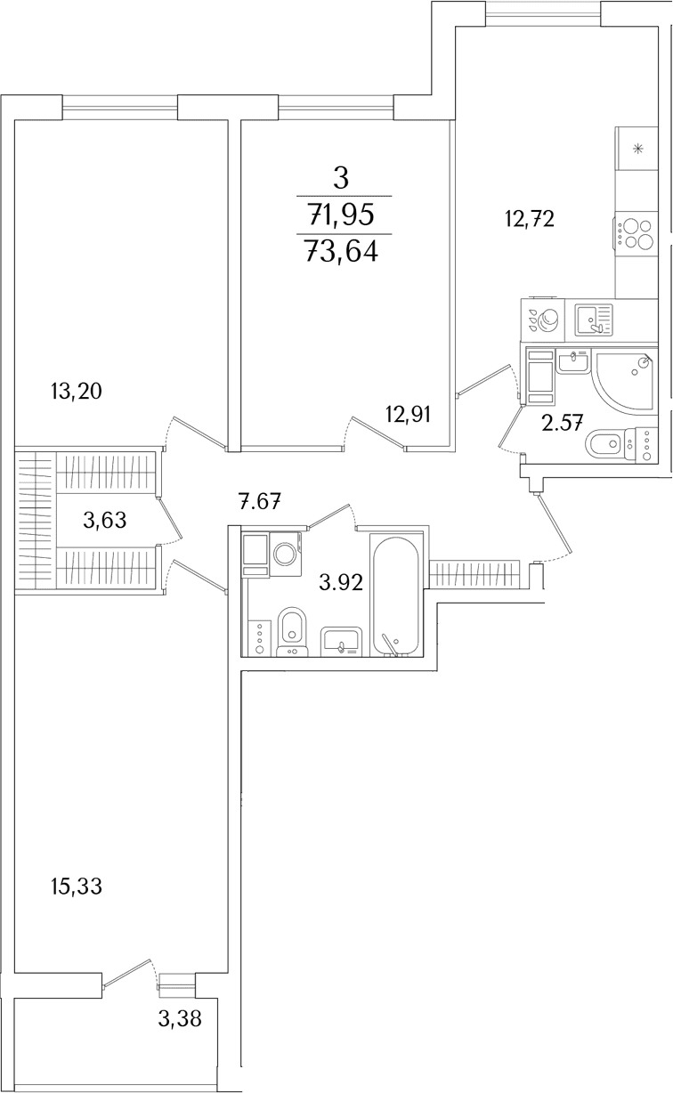 Планировка: 3-комнатная квартира 72 м² в ЖК «Кинопарк»