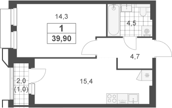 Планировка: Евродвушка 38,9 м² в ЖК «Южные сады»