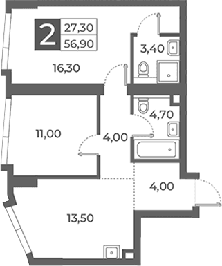 Планировка: 2-комнатная квартира 56,9 м² в ЖК «Даниловский от Гранель»