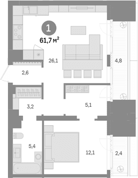 Планировка: 1-комнатная квартира 54,5 м² в ЖК «Квартал Издание»