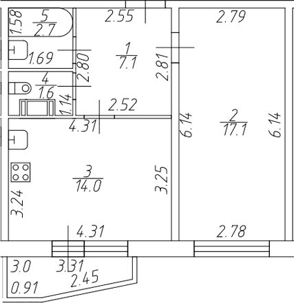 Планировка: 1-комнатная квартира 42,5 м² в ЖК «Тандем»