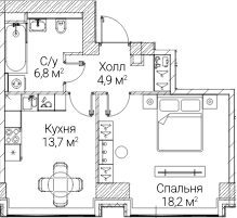 Планировка: 1-комнатная квартира 43,5 м² в ЖК «СЕЗАР БУДУЩЕЕ»