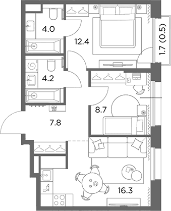 Планировка: 2-комнатная квартира 53,4 м² в ЖК «Станиславский»