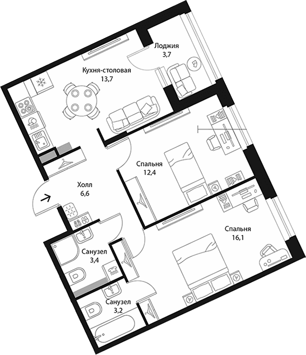 Планировка: 2-комнатная квартира 55,5 м² в ЖК «Экография»