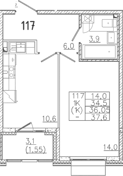 Планировка: 1-комнатная квартира 34,5 м² в ЖК «Лисино»