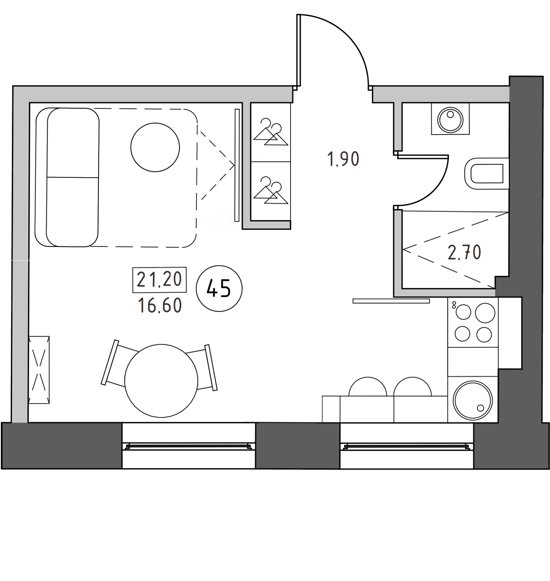 Планировка: Студия 21,2 м² в ЖК «Швецова, 4»