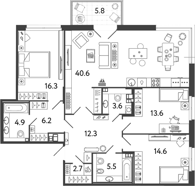 Планировка: Квартира евро-4 120,3 м² в ЖК «Репин»