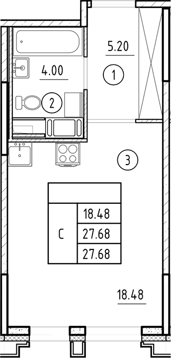 Планировка: Студия 27,7 м² в ЖК «Ассамблея»