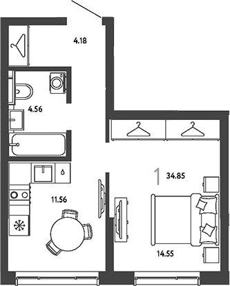 Планировка: 1-комнатная квартира 34,9 м² в ЖК «Страна.Парковая»