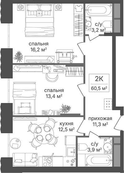 Планировка: 2-комнатная квартира 60,5 м² в ЖК «Гостиничный комплекс Варшавские ворота»