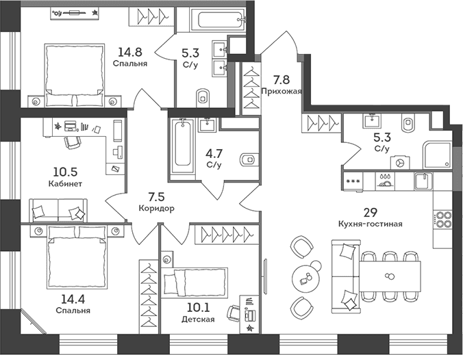 Планировка: Квартира евро-5 109,4 м² в ЖК «ЭРА»