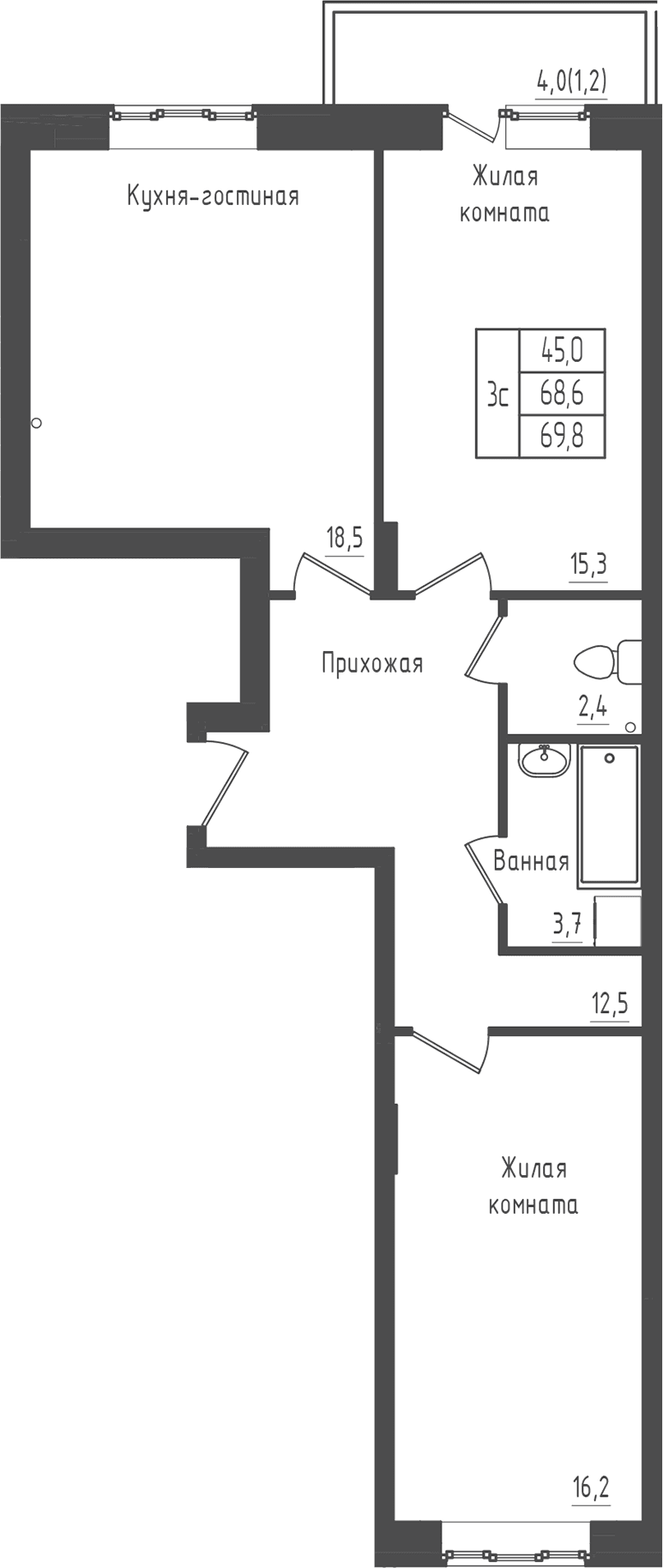Планировка: 2-комнатная квартира 68,6 м² в ЖК «Зеленый город»