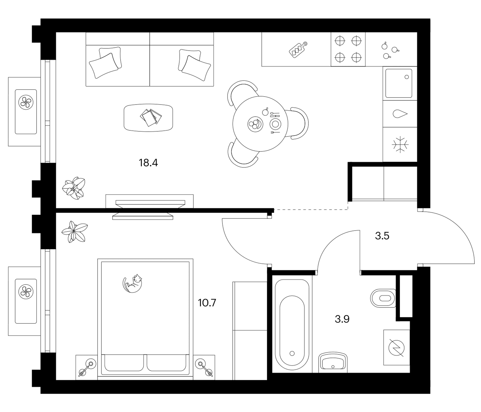 Планировка: 1-комнатная квартира 36,5 м² в ЖК «Белая Дача парк»