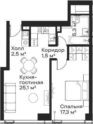Планировка: Евродвушка 51,7 м² в ЖК «Сити Бэй»