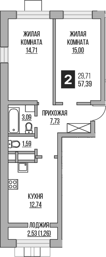 Планировка: 2-комнатная квартира 54,9 м² в ЖК «Гранель Пехра»