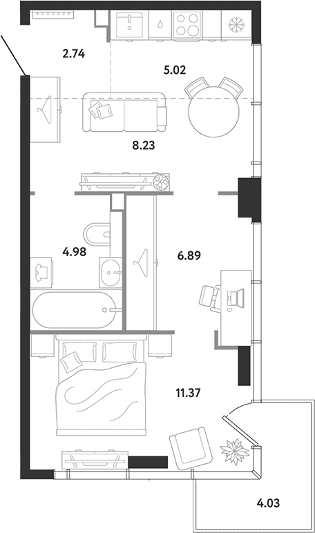 Планировка: 1-комнатная квартира 39,2 м² в ЖК «Ридж»