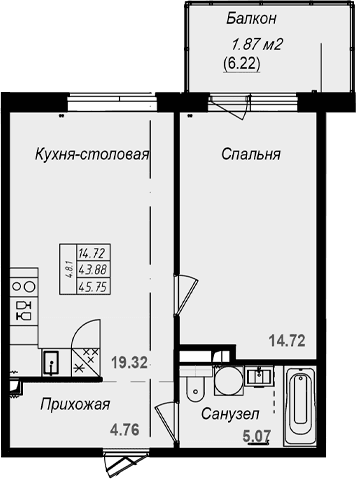 Планировка: Евродвушка 43,9 м² в ЖК «Grona Lund»