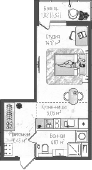 Планировка: Студия 30,3 м² в ЖК «Рига Хиллс»