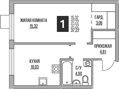 Планировка: Евродвушка 37,2 м² в ЖК «Гранель Притяжение Сити»