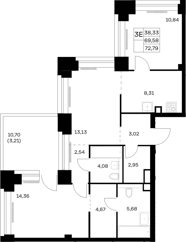 Планировка: Евротрёшка 69,6 м² в ЖК «НОВА»