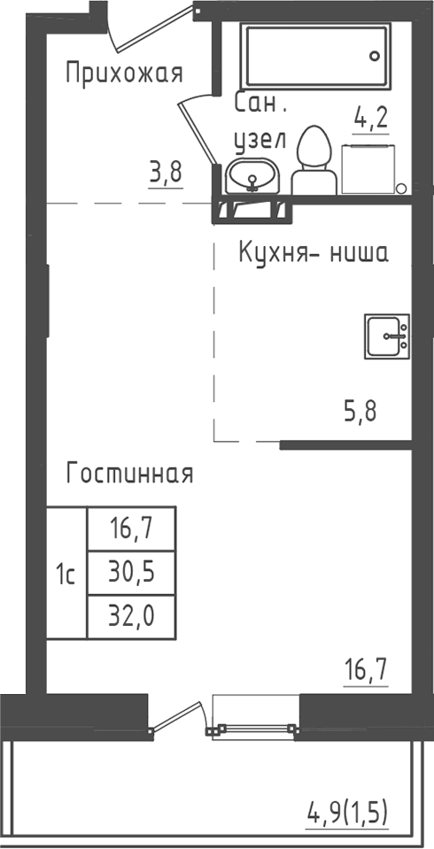 Планировка: Студия 30,5 м² в ЖК «Зеленый город»
