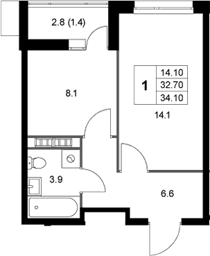 Планировка: 1-комнатная квартира 32,7 м² в ЖК «Легенда Коренево»